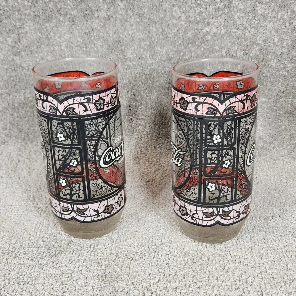 Coca-Cola Drinking Glasses Red Tiffany Stained Glass Style Vintage Set of 2 OS